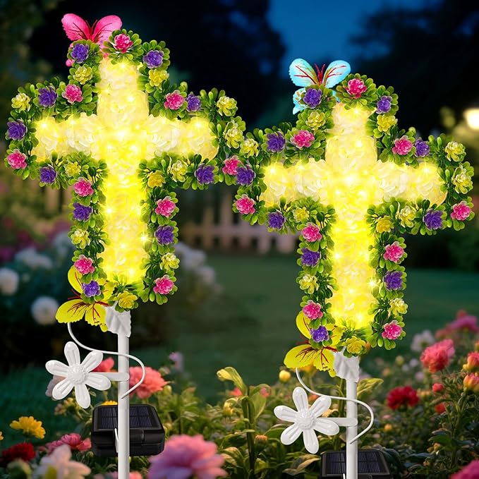 YJFWAL Solar Flower Cross for Cemetery Grave, Grave Decorations for Cemetery Solar Crosses, Sympathy Memorial Gifts, for Garden Lawn Yard Patio Decor