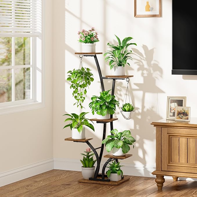 Plant Stand with Grow Light for Indoor Plants, 6 Tiered Metal Plant Shelf, 45" Indoor Plant Rack with 7 Shelves and 2 Hooks, Modern Corner Plant Holder for Living Room Balcony Bedroom, Black