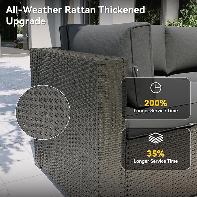 Aoxun Patio Furniture Set with Fire Pit Table, 8 Piece Outdoor Sectional Sofas, Wicker Rattan Outdoor Furniture with Thickened Cushion for Backyard, Garden Dark Grey