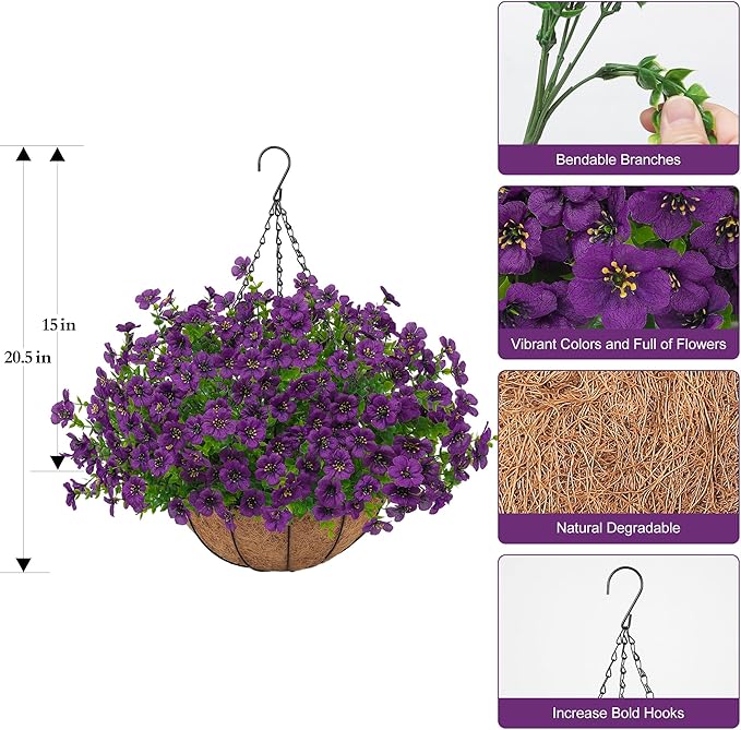 Artificial Faux Hanging Plants Flowers Basket for Outdoors Spring Summer Decoration, Hanging Planters with Fake Silk Flowers UV Resistant Realistic for Outside Porch Patio Balcony Garden Home （Purple）