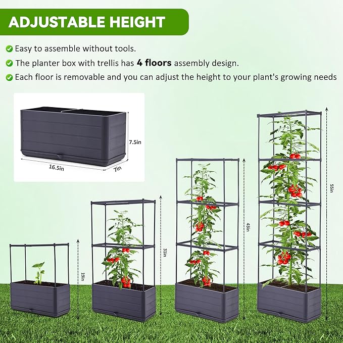 GENMOUS 2 Pack Rectangle 4 Tier Tomato Planter, Raised Garden Bed Tall 45'' Vertical Elevated Garden Planter Standing Garden Bed Planter Box with Drainage Holes Patio Balcony Porch Black