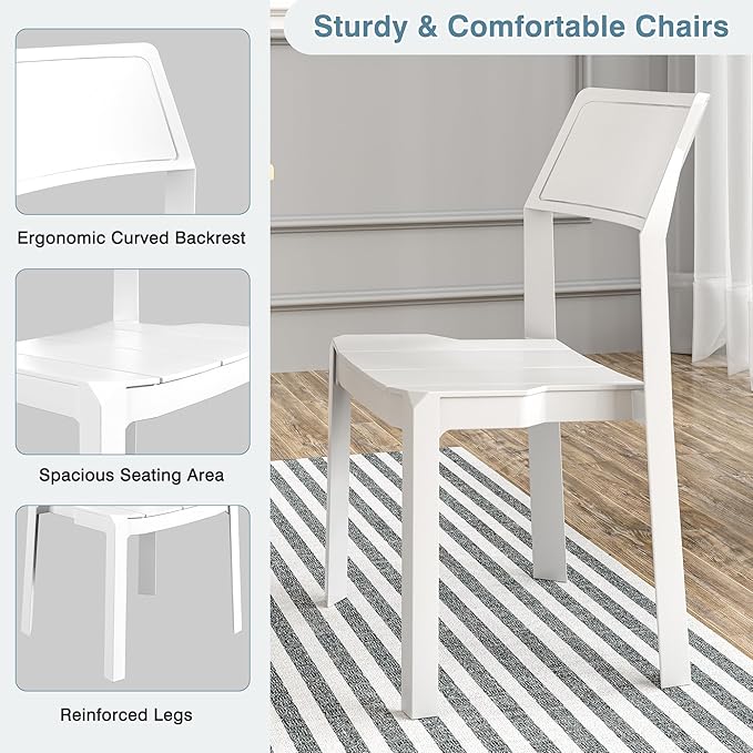 VECELO 4 Pack Stackable Dining Chairs, Plastic Patio Chairs for Indoor Outdoor Use in Kitchen, Poolside, No Assembly, Matte White