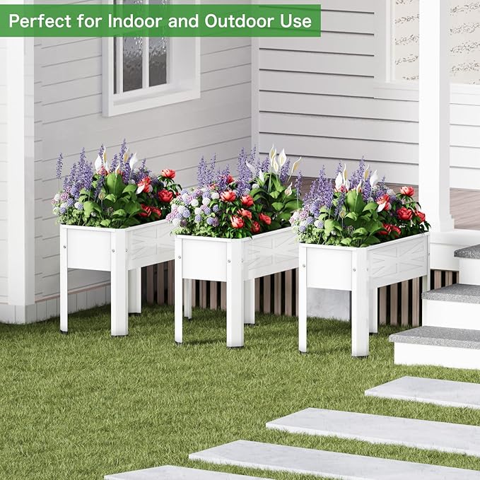 Elevated Metal Planter Box Stand Heavy Duty Raised Garden Bed for Vegetables Flowers Herbs Indoor Outdoor Use, Cream