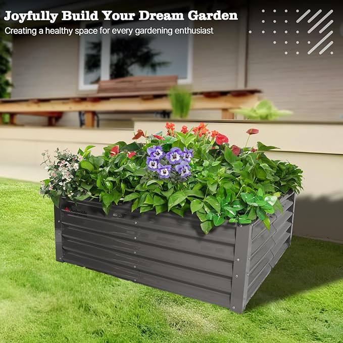 A ANLEOLIFE 4X4X1.5 ft Galvanized Raised Garden Beds Outdoor, Square Metal Planter Box for Planting Vegetables Flowers Herb, Anti-Rust & Easy-Setup, Quartz Grey