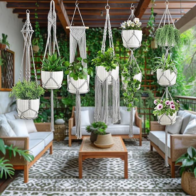 Macrame Plant Hangers, 6Pack Hanging Plant Holders Indoor w/ 6 Set Hooks Handmade Cotton Rope Plant Hangers Set Flower Pots Holder Stand Boho Home Decor Hanging Planters for Indoor Outdoor Plants