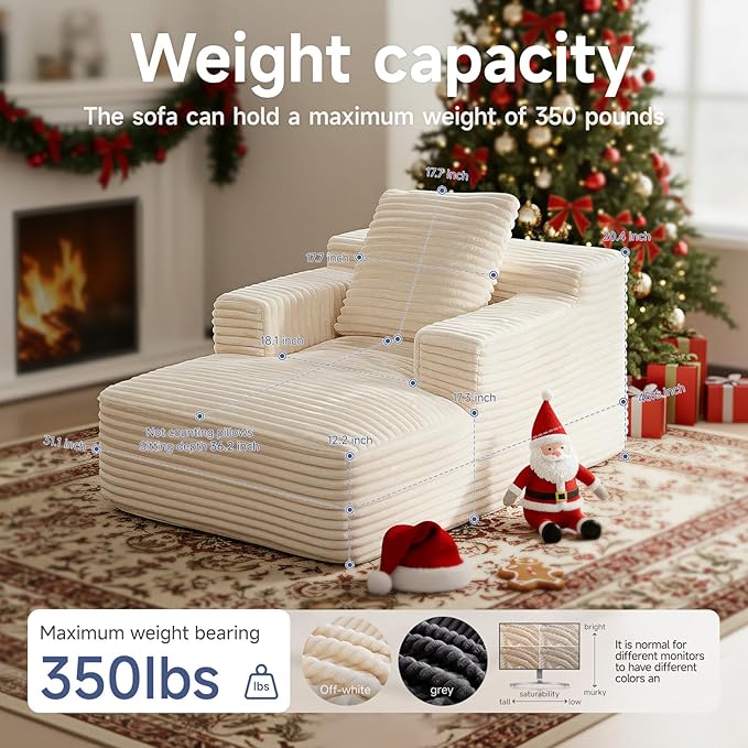 45'' Chaise Lounge Chair Indoor, Corduroy Upholstered Boneless Sofa Bed, Deep Seat Sleeper Couch Reading Chairs, Small Comfy Cloud Sofas Couches for Living Room, Bedroom, Movie Room (Beige)