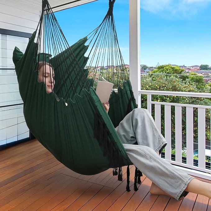 Y- STOP Hammock Chair Hanging Rope Swing, Max 500 Lbs, 2 Cushions Included, Large Macrame Hanging Chair with Pocket for Superior Comfort, with Hardware Kit, Green