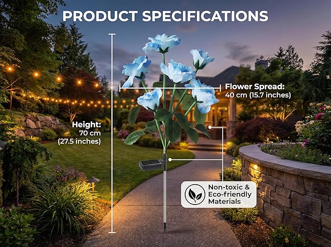 Solar Garden Rose Lights by FANCYPOP, 2 Pack Most Realistic 12 LED Flower Stake Lights, IP65 Waterproof 7 Color Changing Solar Decor for Walkway/Graveyard, Heartwarming Gifts for Grandma & Mom, Blue