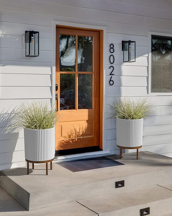 Veradek Demi Series Round Planter w/ Stand for Porch/Patio | Durable Plastic-Concrete & Wooden Stand | Modern Décor for Tall Plants, Flowers