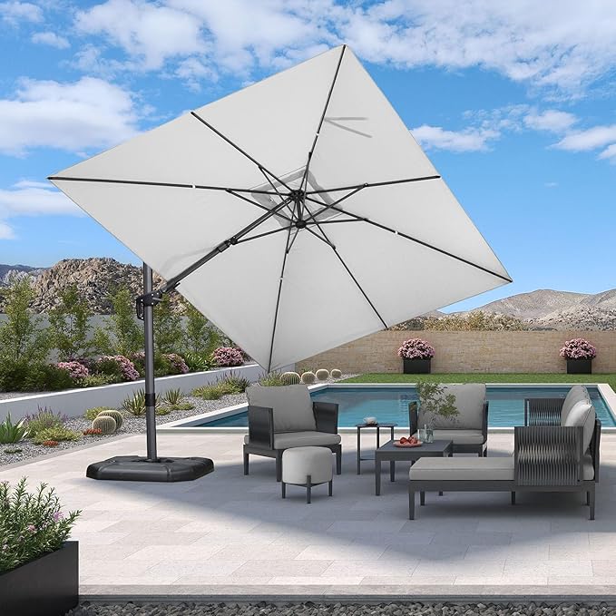 PURPLE LEAF 9' X 12' Left-right Tilt Patio Umbrella Outdoor Cantilever Swivel Rectangle Umbrella Aluminum Offset Umbrella with 360-degree Rotation for Garden Deck Pool Patio White