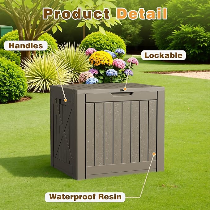 Flamaker Resin Deck Box 40 Gallon Waterproof Outdoor Indoor Storage Box Imitation Wood Resin for Patio Furniture Garden Tools and Pool (Brown)