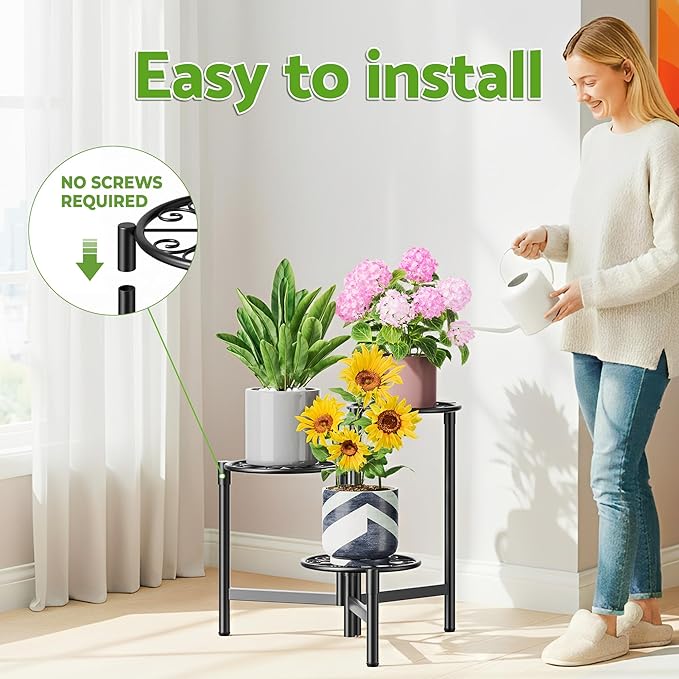 Metal Plant Stand Outdoor Indoor, 3 Tier Foldable Corner Tall Plant Shelf for Multiple Plants Flower Pot Holder Display Stand for Living Room Balcony Garden Patio -BlackS