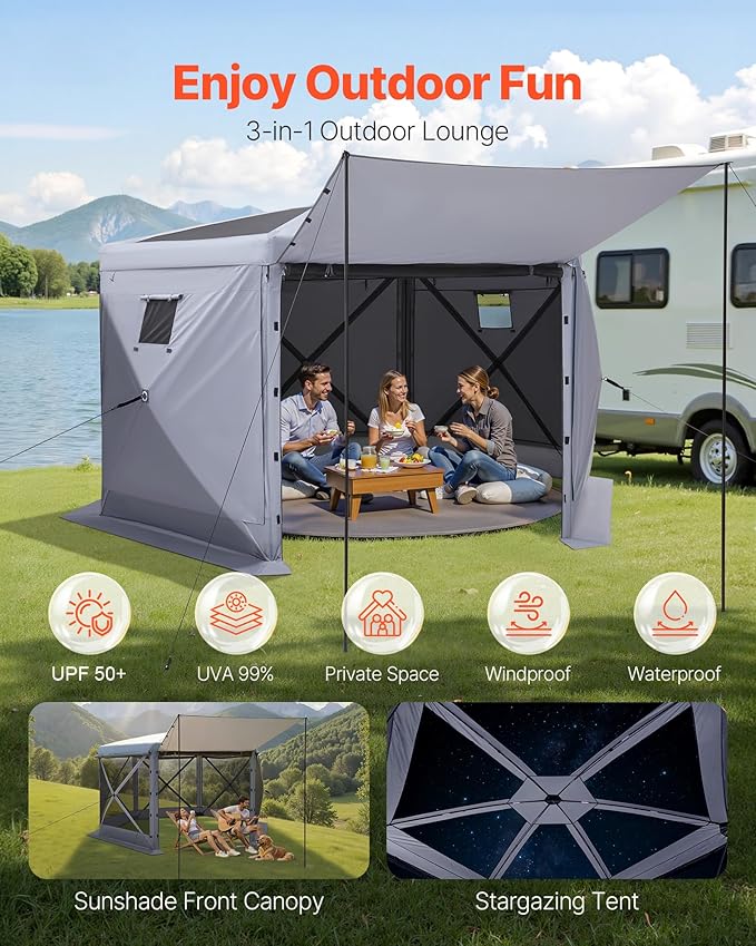 VEVOR Pop up Gazebo Screen Tent, 12 x 12 ft Large 6-Sided Camping Canopy Tent with Removable Top & Carry Bag, Quick-Set & Bite-Proof, Screen House Sun Shelter for 8-10 Persons Backyard Patio, Grey