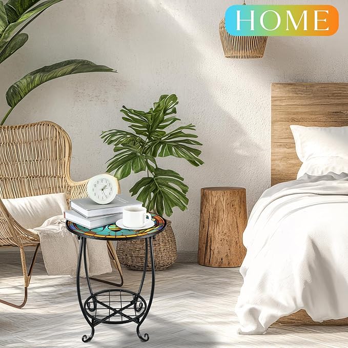 Outdoor Side Table Round Small Mosaic Patio Accent Indoor End Plant Coffee Tea Table for Yard Patio Porch Garden Living Room, Bedroom(Bee Style,14 Inch)