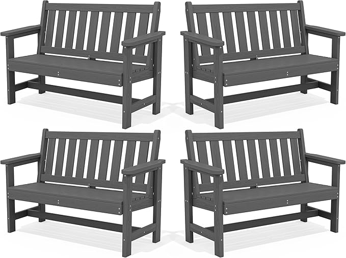 SERWALL Outdoor Bench, HDPE Outdoor Benches Weatherproof, 2-Person Garden Bench with 660 lbs Weight Capacity, Patio Benches for Outdoors, Garden, Porch, Backyard and Park, Grey, 4 Pack