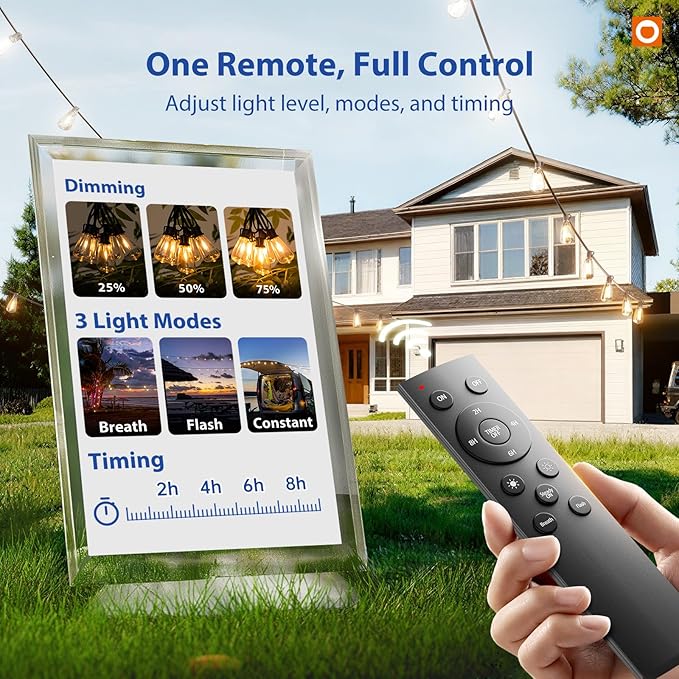 addlon 200FT(50FT*4) LED Outdoor Lights Waterproof Patio Lights with 64 Shatterproof ST38 Replaceable Bulbs(4 Spare), Dimmable Outside Hanging Light Connectable for Porch, Backyard