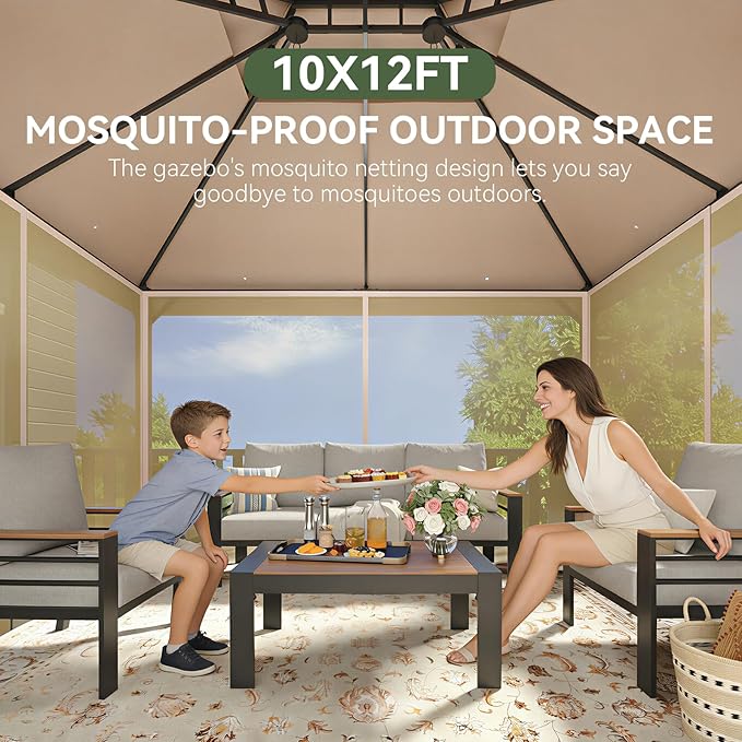 Aoxun Outdoor Gazebo for Patio 10x12 Metal Frame Canopy with Double Roofs Heavy Duty Party Tent and Shelter with Mosquito Netting and Privacy Screen for Backyard, Lawn, Garden, Deck (Khaki)