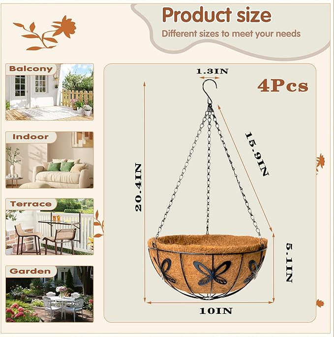 Metal 10 inch Round Planter, 4 Pack Hanging Wire Basket with Coco Fiber Liners for Outdoor Plants, Garden, Patio, Deck, Porch