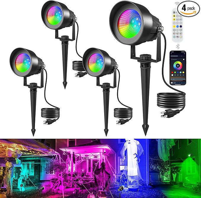 T-SUN Spot Lights Outdoor Waterproof IP65 with US Plug, 270° Adjustable, App & Remote Control, Timer, Dimmable, Music Sync, Multi Scenes, Color Changing Landscape Lights for Yard Garden
