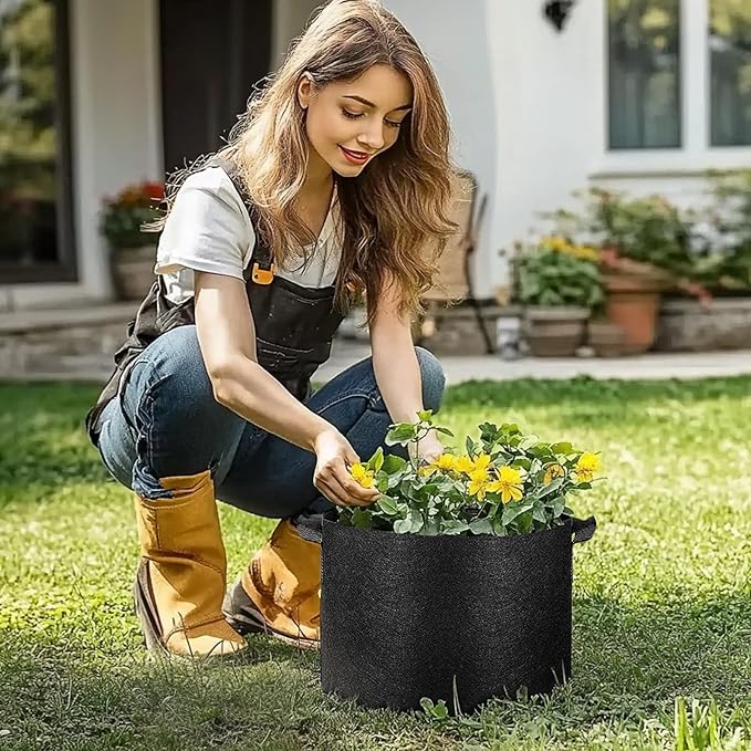 T4U Fabric Plant Grow Bags with Handle 10 Gallon Pack of 5, Heavy Duty Nonwoven Smart Garden Pot Thickened Aeration Nursery Container Black for Outdoor Potato, Tomato, Chili, Carrot and Vegetables