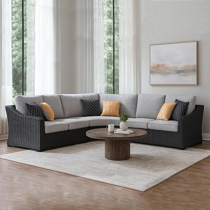 Signature Design by Ashley Beachcroft Curved Modern 3-Piece Outdoor Sectional with Cushion and 6 Throw Pillows, Light Gray
