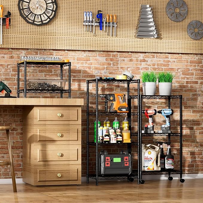 Xcity Storage Shelves, 2 Tier Heavy Duty Metal Shelving Unit with Wheels, 700 LBS Capacity Adjustable Steel Wire Shelf Organizer for Pantry, Kitchen, Garage, 14" D x 24" W x 20" H, Black
