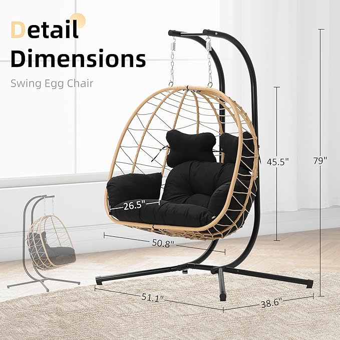 DoubleTT Double Indoor/Outdoor Wicker Swing Egg Chair Hammock Foldable Hanging Loveseat with Stand, UV Resistant Removable Cushions, 700LBS Capacity for Bedroom, Balcony, Garden (Yellow and Black)