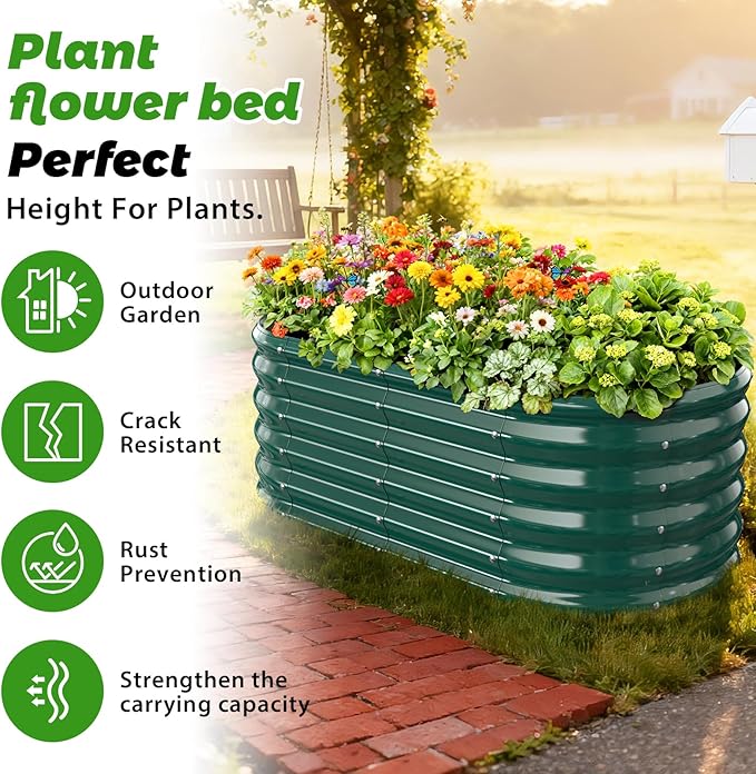 17" Tall Outdoor Garden Raised Garden Bed Kits, 4ft X 2ft Oval,0.8MM Thick Metal Raised Planter Bed/Ground Planter Box for Variety of Flowers,Herbs,Vegetables (Dark Green, 48X24X16.5 Inches)