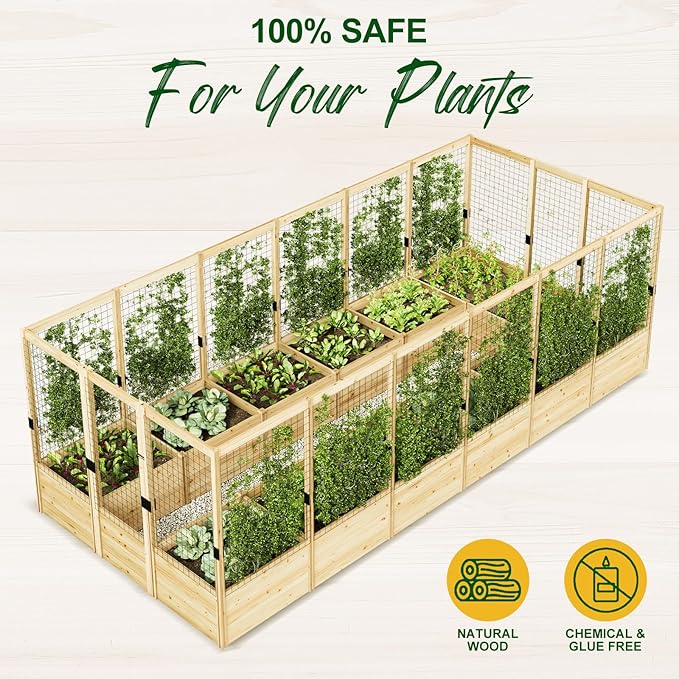 AMERLIFE Raised Garden Bed with Deer Proof Fence, 7.5Wx17Dx6H Outdoor Wooden Raised Garden Bed Planter with 19" Depth Planter Box
