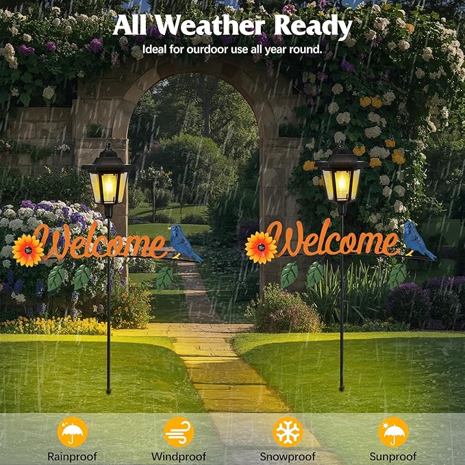 Lewondr Solar Garden Lights Hummingbird, 36.6 Inch Solar Lamp Post Light with Welcome Sign & Hummingbird, Outdoor Waterproof Solar Stake Lights for Yard Porch Patio Pathway Gardening Gifts, 2 Pack
