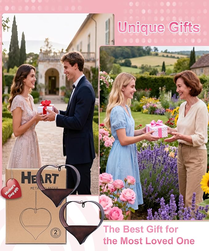 Metal Plant Hangers Indoor and Outdoor for Mom Women Her Wife Garden Lovers Birthday - Heart Shape Hanging Planters for Window Wall Living Room Office Decor(2 Pack)