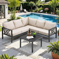 Patio Furniture Set, 6-piece Metal Sectional Furniture Sofa with Coffee Table, L Shaped Outdoor Couch with Olefin Cushion, Highback Frame, Outdoor Patio Conversation Sets for Balcony Backyard, Beige