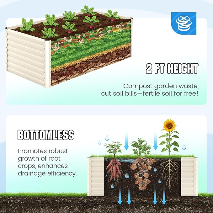 Quictent Galvanized Raised Garden Bed Metal Planter Box Bottomless for Backyard Outdoor, Include 1 pc Tomato Cage, Beige, 6x3x2 Ft