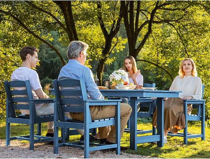 SERWALL Patio Table Set, Outdoor HDPE Dining Furniture with Umbrella Hole, All Weather for Lawn, Garden, Backyard, Poolside, Blue | with Umbrella Hole, All Weather, for Lawn, for Garden, for Backyard, for Poolside