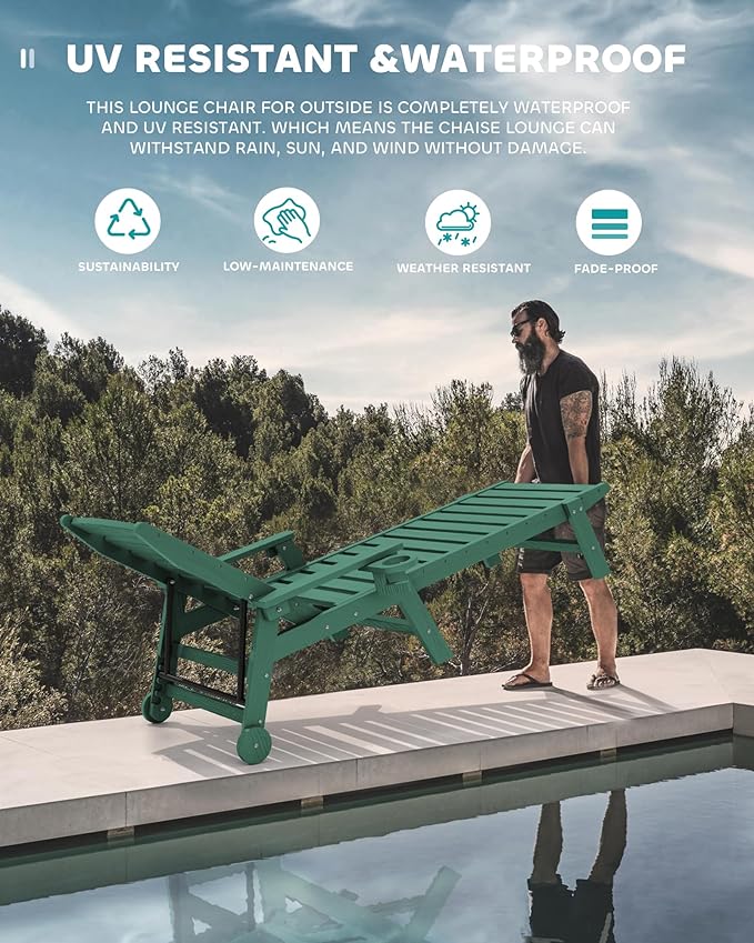 SERWALL Patio Chaise Lounge Chair Set of 2, 78'' Long 5-Positions Adjustable HDPE Outdoor Lounger for Pool, Poly Lounge Chair with Rolling Wheels & Cup Holder for Poolside, Deck, Dark Green