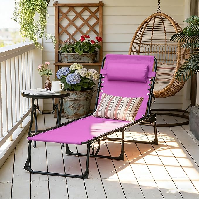 Outsunny Folding Chaise Lounge Chair, Patio Sun Tanning Chair, Outdoor Chaise Lounger with 4-Position Reclining Back, Breathable Mesh Seat for Beach, Poolside, Yard, Purple