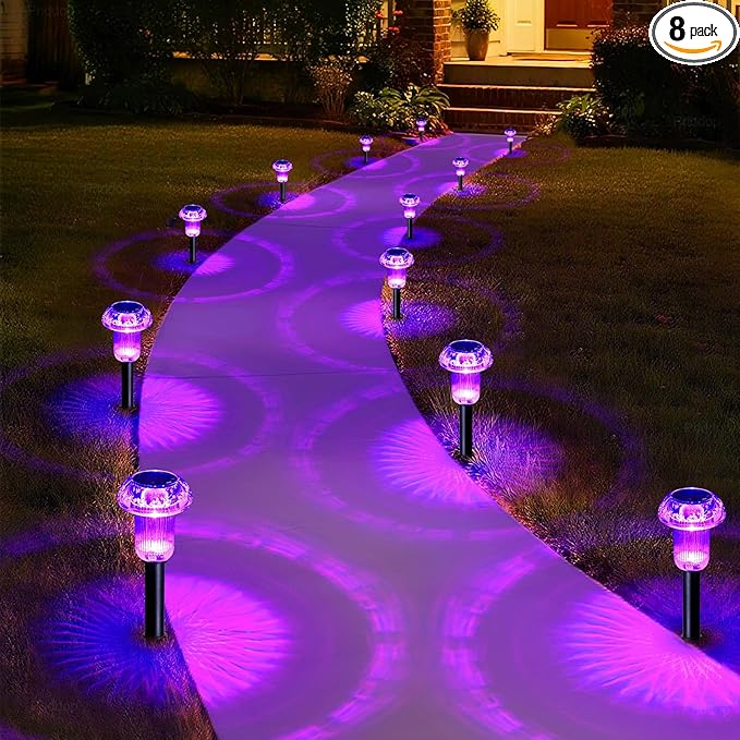 Solar Lights Outdoor Pathway Waterproof 8 Pack Purple LED Acrylic Mushroom Decorative Garden Lights for Yard Landscape Patio Outside Decorations