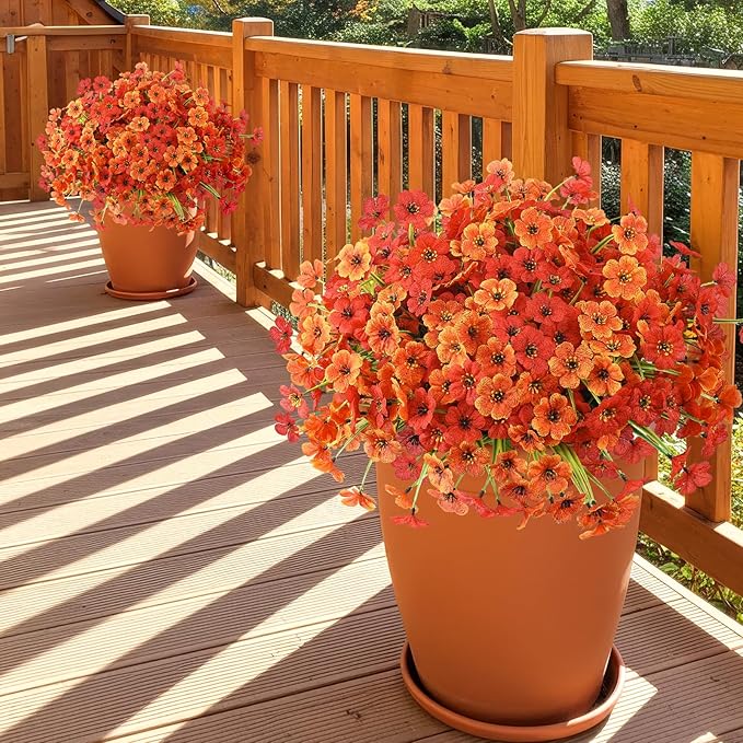 MACTING 24 Bundles Artificial Fall Flowers for Outdoors Faux Mums Outdoor Plants UV Resistant Fake Silk Flowers for Planters Patio Garden Porch Indoor Outside Autumn Thanksgiving Decor,Orange & Red