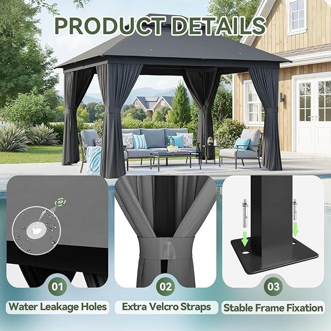 Aoxun Outdoor Gazebo for Patio 10x10, Metal Frame Canopy with Double Roofs, Heavy Duty Party Tent and Shelter with Mosquito Netting and Privacy Screen for Backyard, Lawn, Garden, Deck