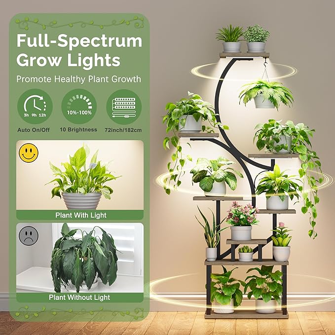 Plant Stand Indoor with Grow Lights - 62" Tall Plant Shelf, Lighted Corner Plant Stands for Indoor Growing, 8 Tiered Large Flower Holder, S-Shaped Decorative Rack for Living Room, Patent Design, Grey