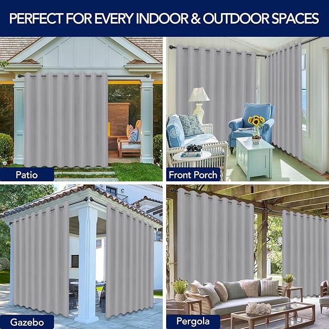 PureFit Outdoor Curtains for Patio Waterproof Weatherproof, UV and Fade Resistant Outside Curtains for Gazebo, Front Porch, Pergola, Sun Blocking Privacy Curtain, 120W x 95L inch, 1 Panel, Light Gray