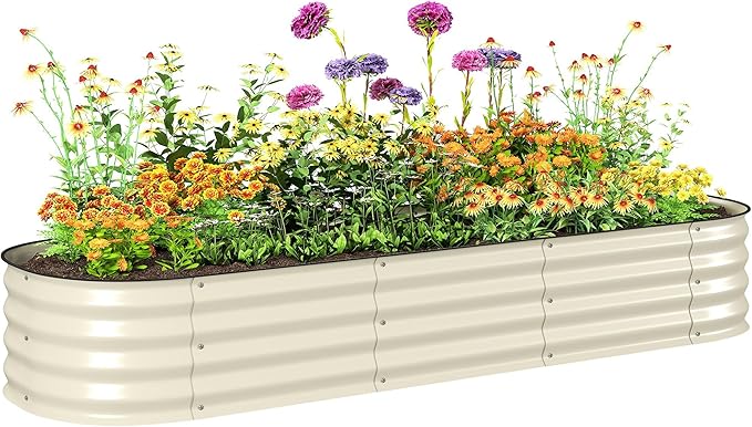 Outsunny 6.5' x 2' x 1' Galvanized Raised Garden Bed Kit, Outdoor Metal Elevated Planter Box with Safety Edging, Easy DIY Stock Tank for Growing Flowers, Herbs & Vegetables, Cream
