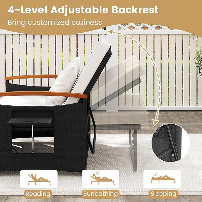 Tangkula Patio Rattan Daybed with 4-Level Adjustable Backrest, Outdoor Wicker Loveseat with Acacia Wood Armrest, Storage Ottoman & Folding Tray, Double Sunbed for Yard & Poolside (White & Black)