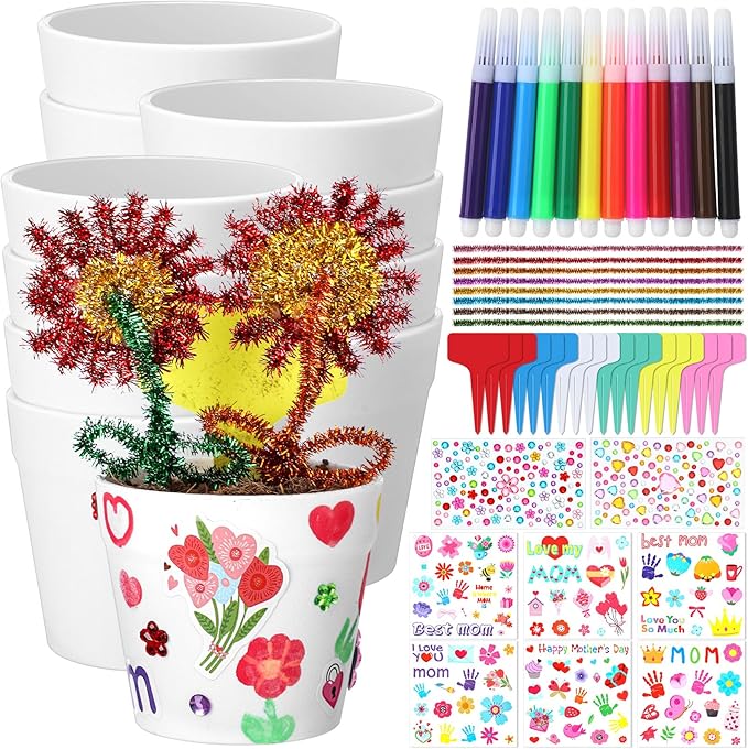 Funnymoom 48 Set Paintable Flower Pot Craft Kit DIY Spring Pots Craft for Mom with Watercolor, Pen Stickers, Plant Labels Garden Growing Kits for Spring Mother's Day Fun Activity