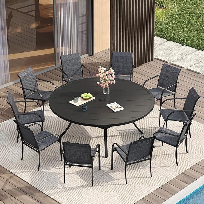 VICLLAX Large Patio Dining Furniture Set, Outdoor Dining Set for 10-60" Round Outdoor Table and Patio Stackable Chairs, Black Tabletop and Grey Fabric