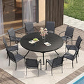 VICLLAX Large Patio Dining Furniture Set, Outdoor Dining Set for 10-60" Round Outdoor Table and Patio Stackable Chairs, Black Tabletop and Grey Fabric