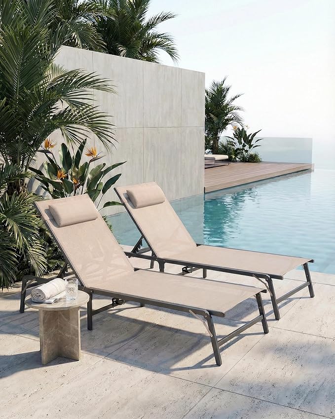Foldable Chaise Lounge Chair with Cup Holder, Assemble-Free Outdoor Lounge Chair with Detachable Pillow and 6 Adjustable Backrest, Patio Lounge Chair for Outside Poolside Beach Pool, Khaki