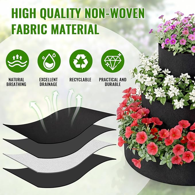 3 Tiered Strawberry Planter for Outdoor Plants, 23.6 Inch Heavy Duty Strawberry Garden Planter Grow Bags, Breathable Non Woven Fabric Raised Garden Bed for Vegetables Flower Herbs Gardening