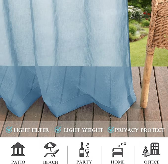 RYB HOME Sheer Curtains Outdoor - Linen Look Translucent Drapes Waterproof, Light Filtering Quick Dry Sheers for Exterior Patio Porch Wedding, 54" Wide by 96" Long, 2 Panels, Navy Blue