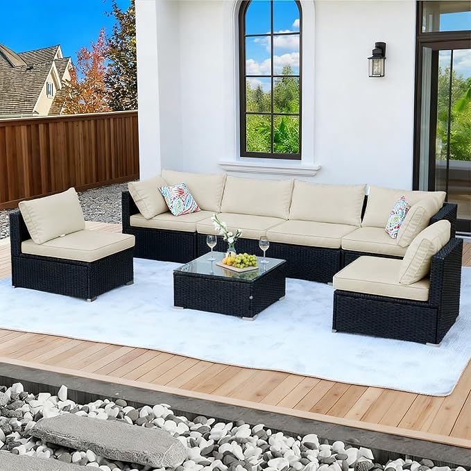 7-Piece Patio Furniture Set - Outdoor Sectional Sofa Set with 4'' Cushions and Glass-Top Coffee Table for Gardens, Poolside, Backyards and Porches, Black/Beige
